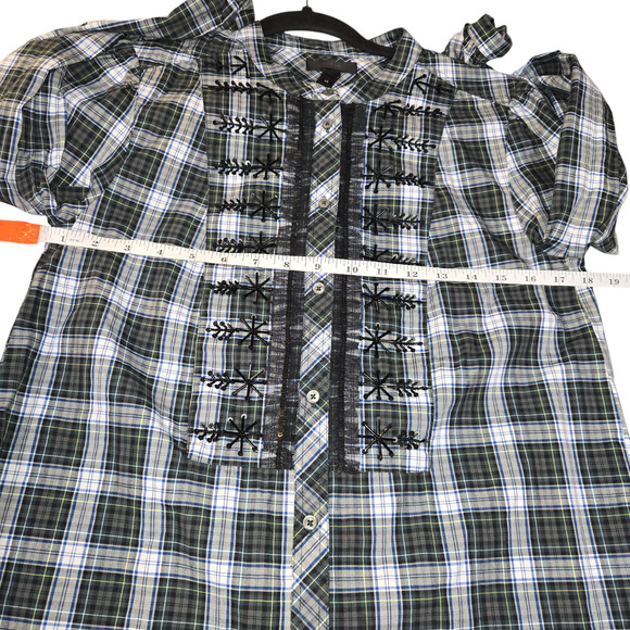 J Crew Womens XS Plaid Button Up Shirt Sequins Green Blue Round Hem Lace Casual - Picture 7 of 11